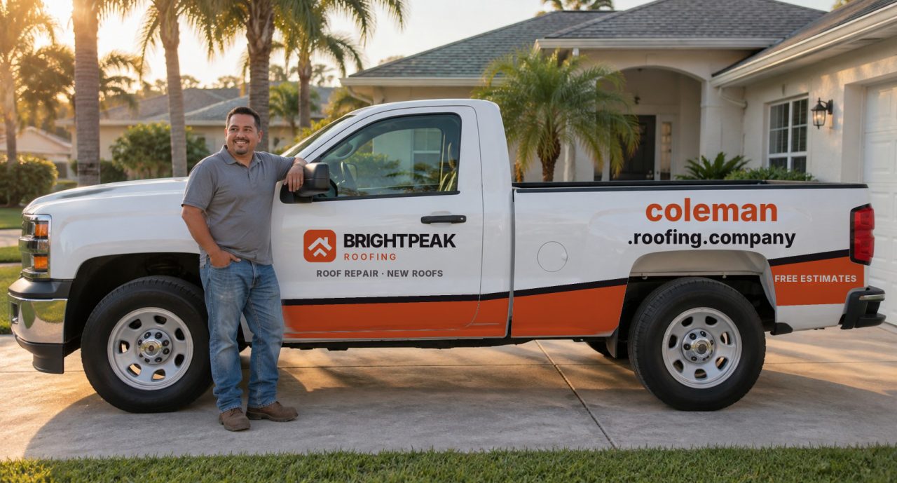 coleman.roofing.company painted on the side of a white work truck